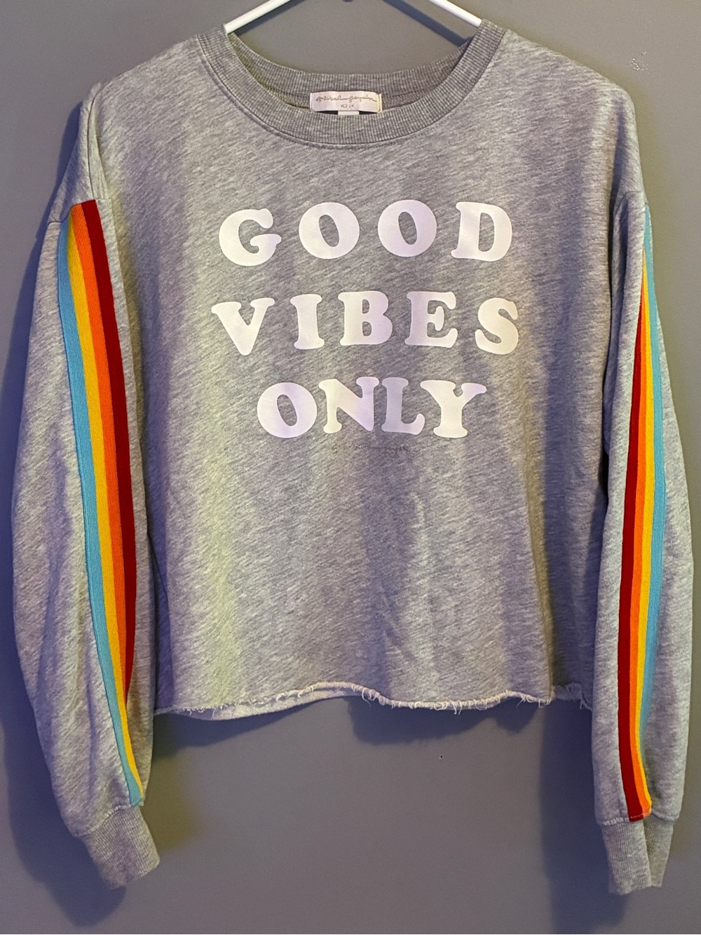 Spiritual Gangster Gray 'Good Vibes Only' Sweatshirt with Rainbow Sleeve Stripes